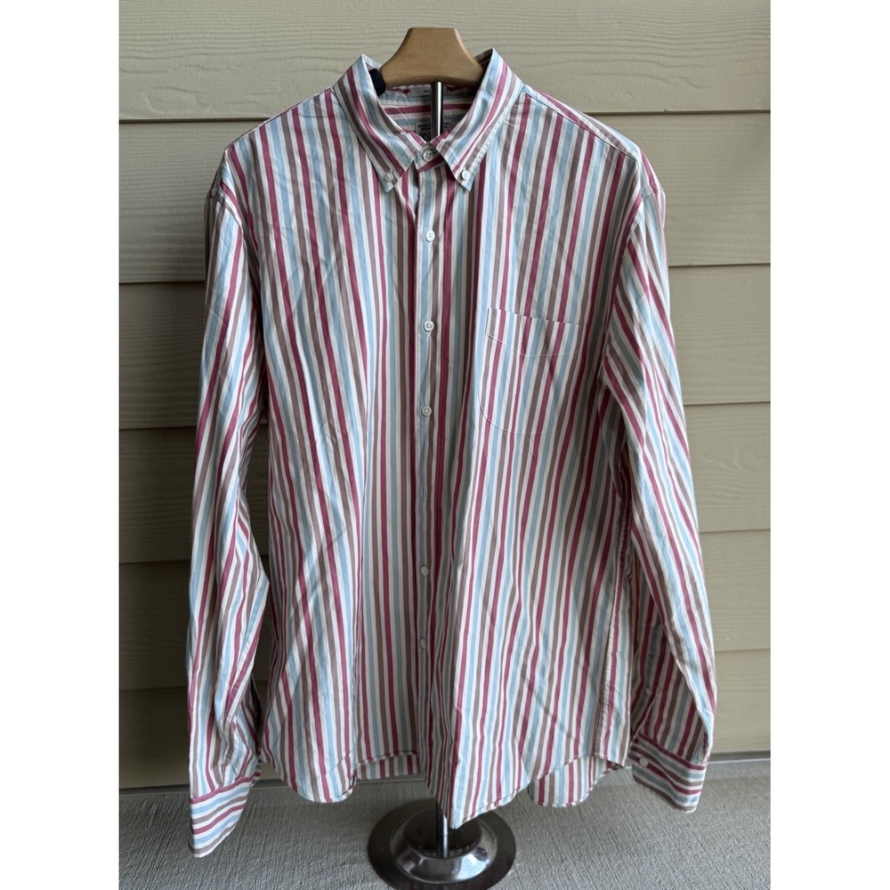 J Crew Shirt Men Large Red Blue Striped Button Down Slim Preppy Stretch Vintage